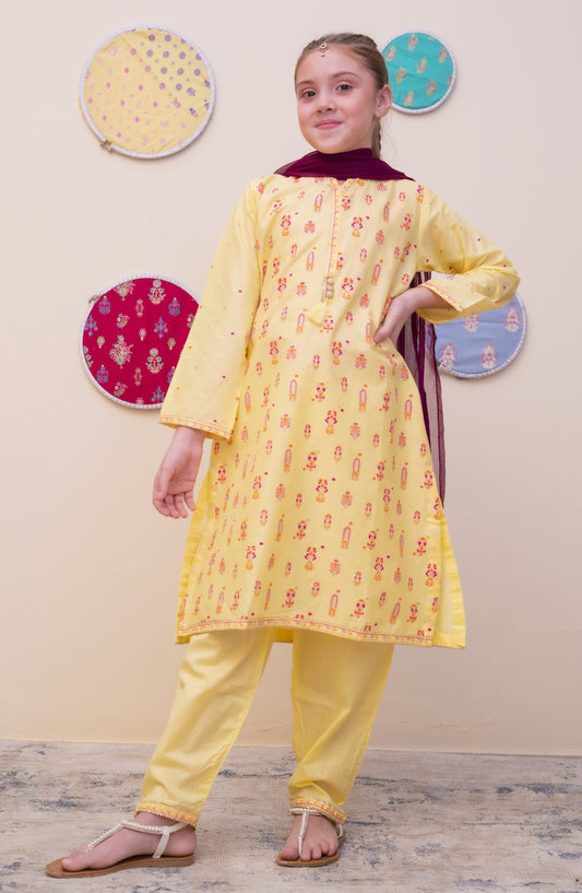 Shanzey Printed Cambric Stitched 3 Piece Suit - SHK-4903 - SHZ25CAM - Lemon - Girls Winter Collection