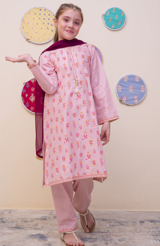 Shanzey Printed Cambric Stitched 3 Piece Suit - SHK-4904 - SHZ25CAM - Pink - Girls Winter Collection