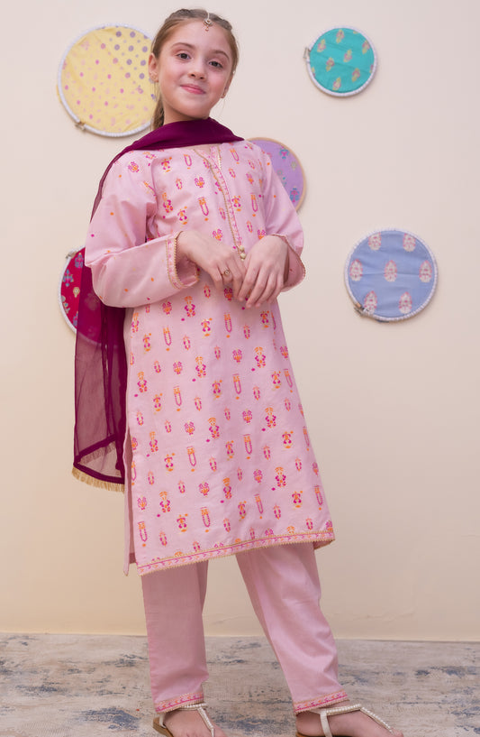 Shanzey Printed Cambric Stitched 3 Piece Suit - SHK-4904 - SHZ25CAM - Pink - Girls Winter Collection