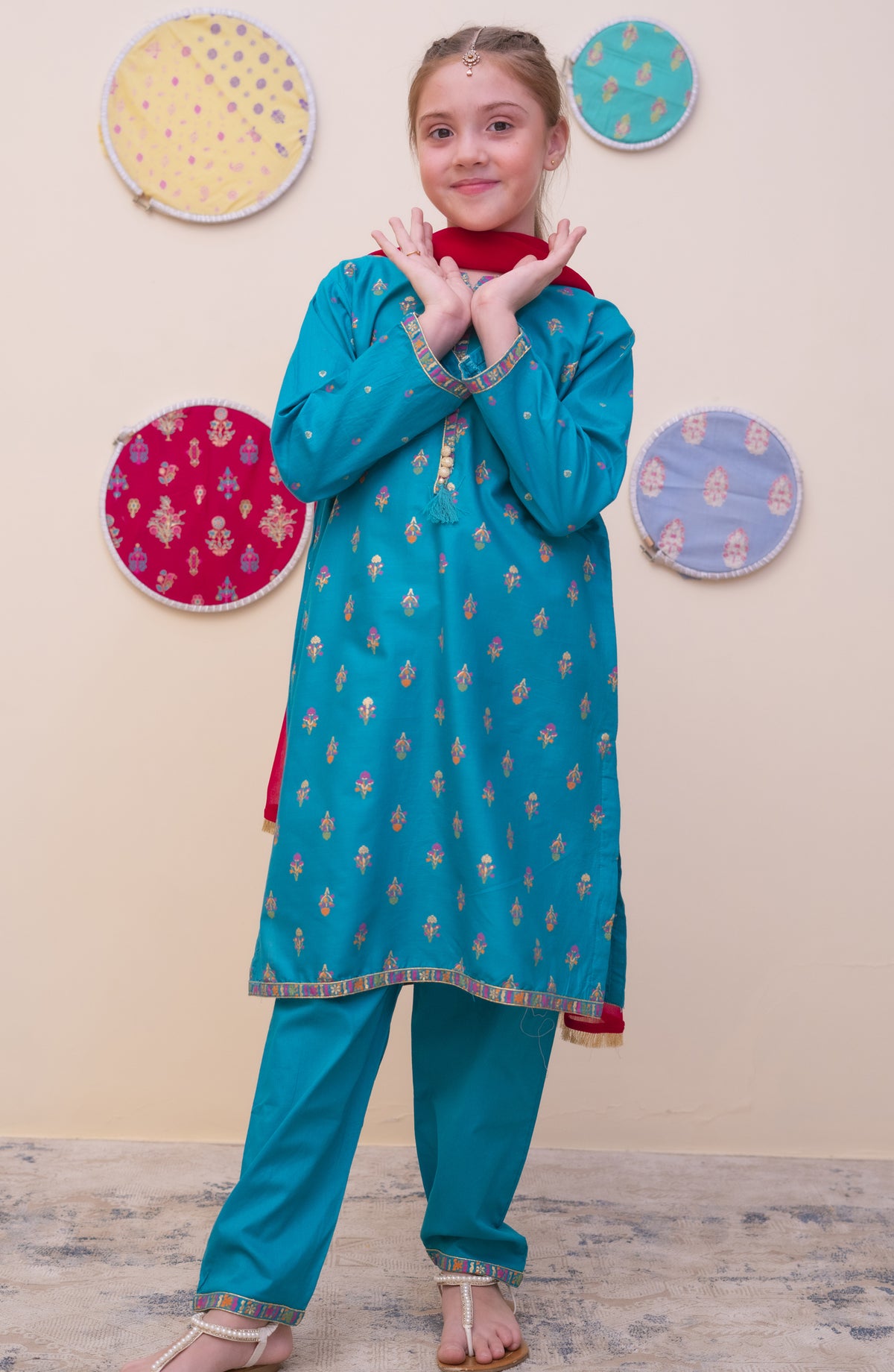 Shanzey Printed Cambric Stitched 3 Piece Suit - SHK-4905 - SHZ25CAM - Sea Green - Girls Winter Collection