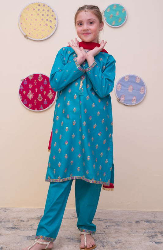 Shanzey Printed Cambric Stitched 3 Piece Suit - SHK-4905 - SHZ25CAM - Sea Green - Girls Winter Collection