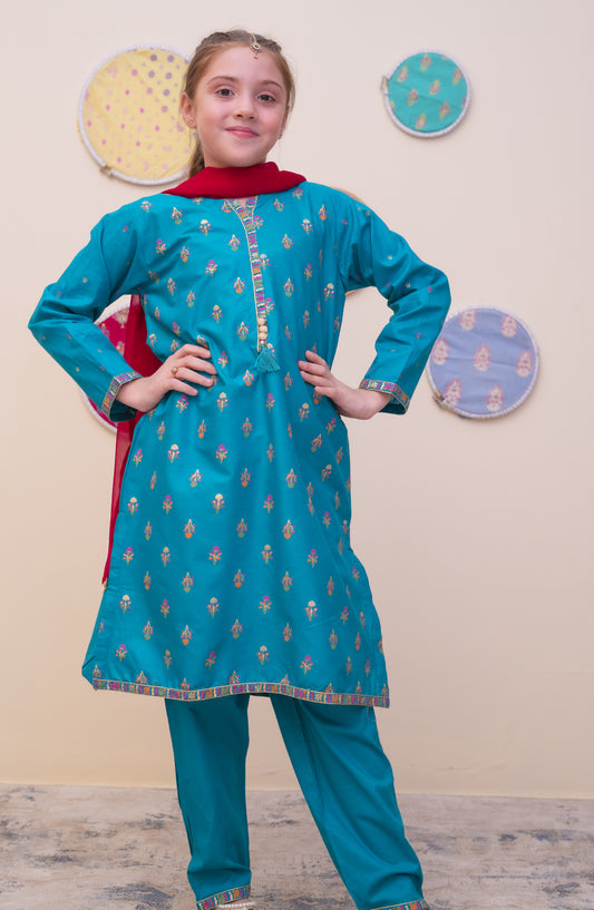 Shanzey Printed Cambric Stitched 3 Piece Suit - SHK-4905 - SHZ25CAM - Sea Green - Girls Winter Collection