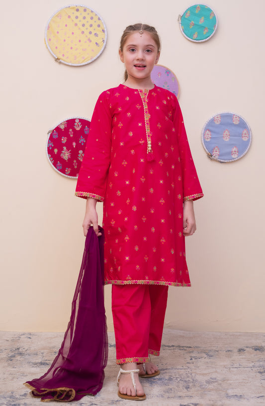 Shanzey Printed Cambric Stitched 3 Piece Suit - SHK-4906 - SHZ25CAM - Shocking Pink - Girls Winter Collection