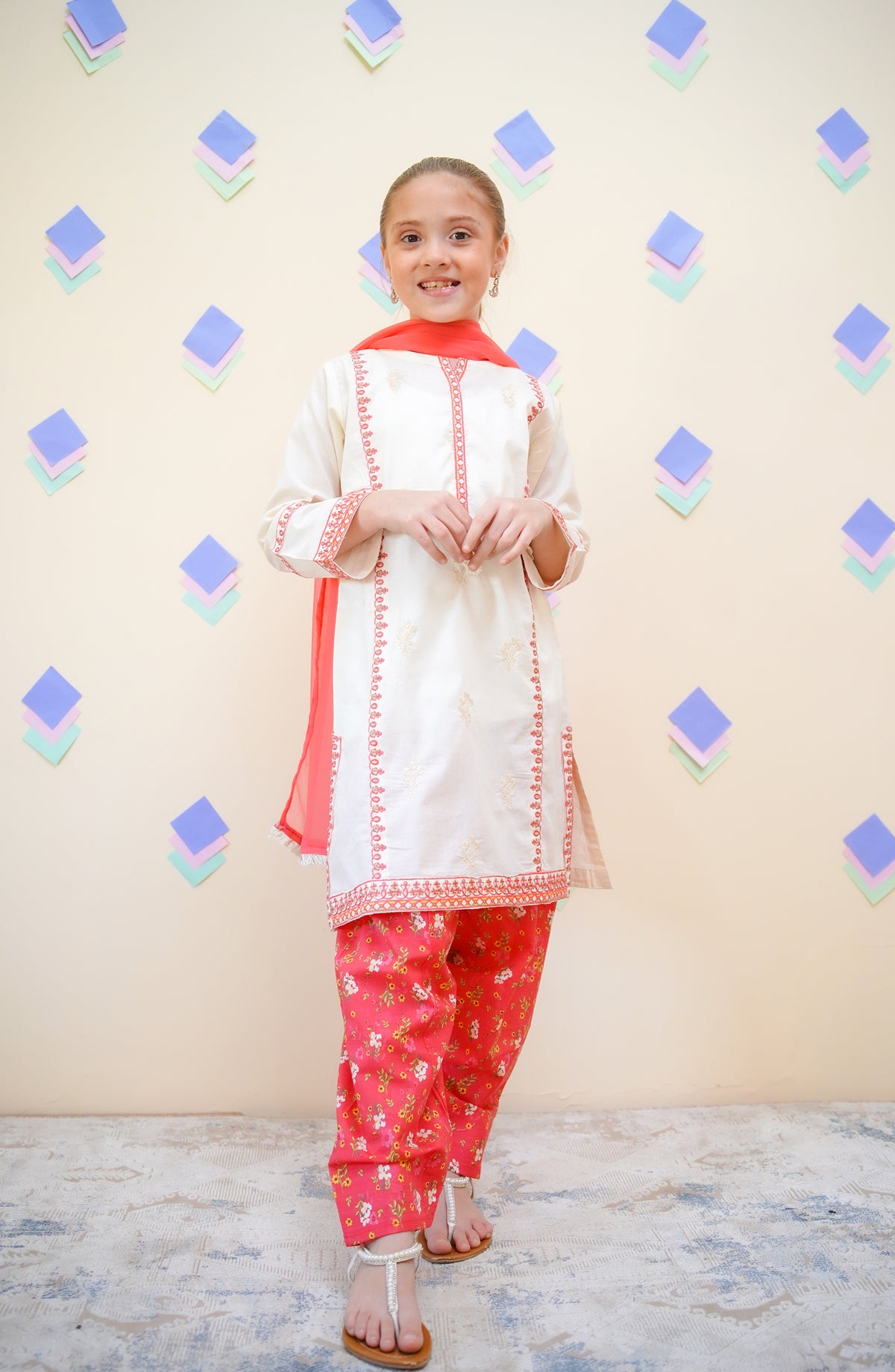 Shanzey Embroidered Lawn Stitched 3 Piece Suit - SHK-4432 - SHZ25FRS - Red - Girls Summer Collection