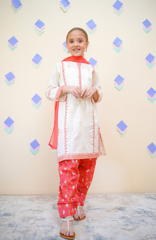 Shanzey Embroidered Lawn Stitched 3 Piece Suit - SHK-4432 - SHZ25FRS - Red - Girls Summer Collection