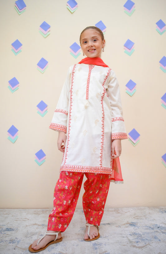 Shanzey Embroidered Lawn Stitched 3 Piece Suit - SHK-4432 - SHZ25FRS - Red - Girls Summer Collection