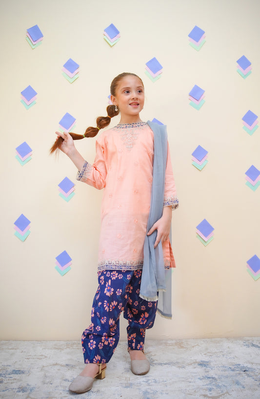 Shanzey Embroidered Lawn Stitched 3 Piece Suit - SHK-4437 - SHZ25FRS - Peach - Girls Summer Collection