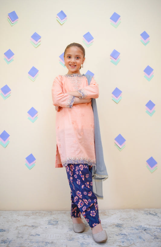 Shanzey Embroidered Lawn Stitched 3 Piece Suit - SHK-4437 - SHZ25FRS - Peach - Girls Summer Collection