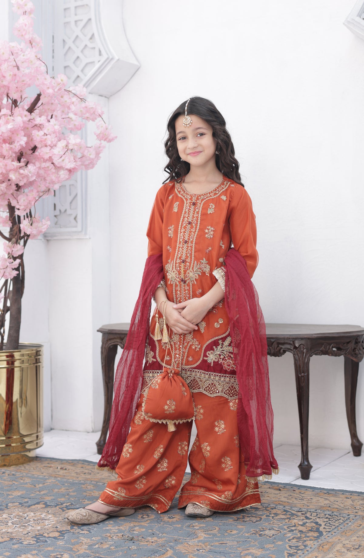 Shanzey Roshni Embroidered Organza Stitched 3 Piece Suit - SHK-5806 - SHZ26RSN - Rust with Maroon - Girls Formal Collection