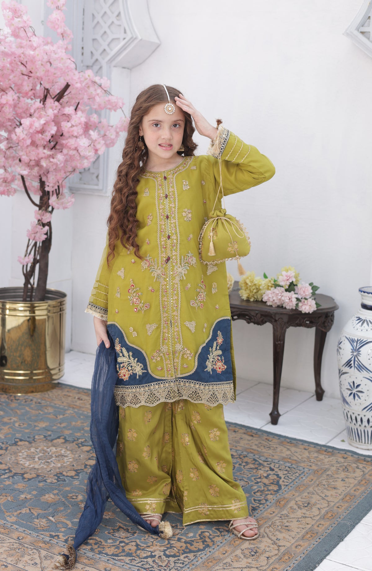 Shanzey Roshni Embroidered Organza Stitched 3 Piece Suit - SHK-5805 - SHZ26RSN - Lime Green with Teal Blue - Girls Formal Collection