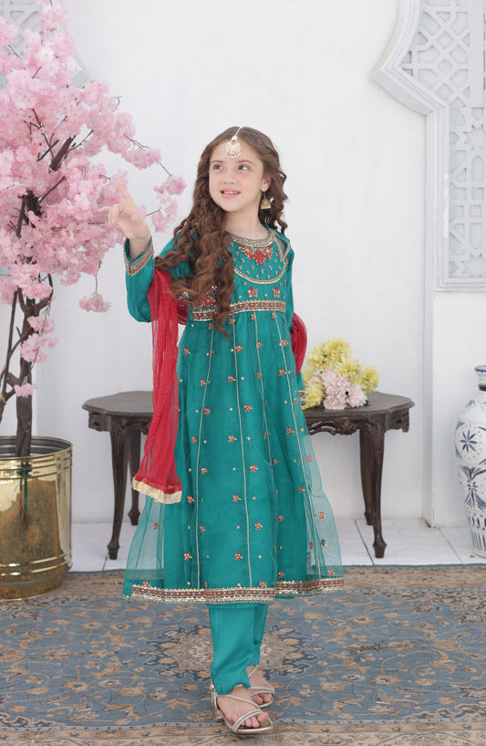 Shanzey Roshni Embroidered Organza Stitched 3 Piece Suit - SHK-5802 - SHZ26RSN - Emarald Green - Girls Formal Collection