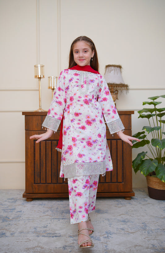 Shanzey Seher-e-Eid Embroidered Lawn Stitched 3 Piece Suit - SHK-6806 - SHZ26SHD - White - Festive Girls Collection