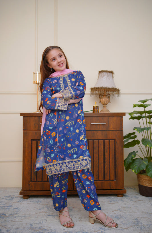 Shanzey Seher-e-Eid Embroidered Lawn Stitched 3 Piece Suit - SHK-6805 - SHZ26SHD - Ink Blue - Festive Girls Collection
