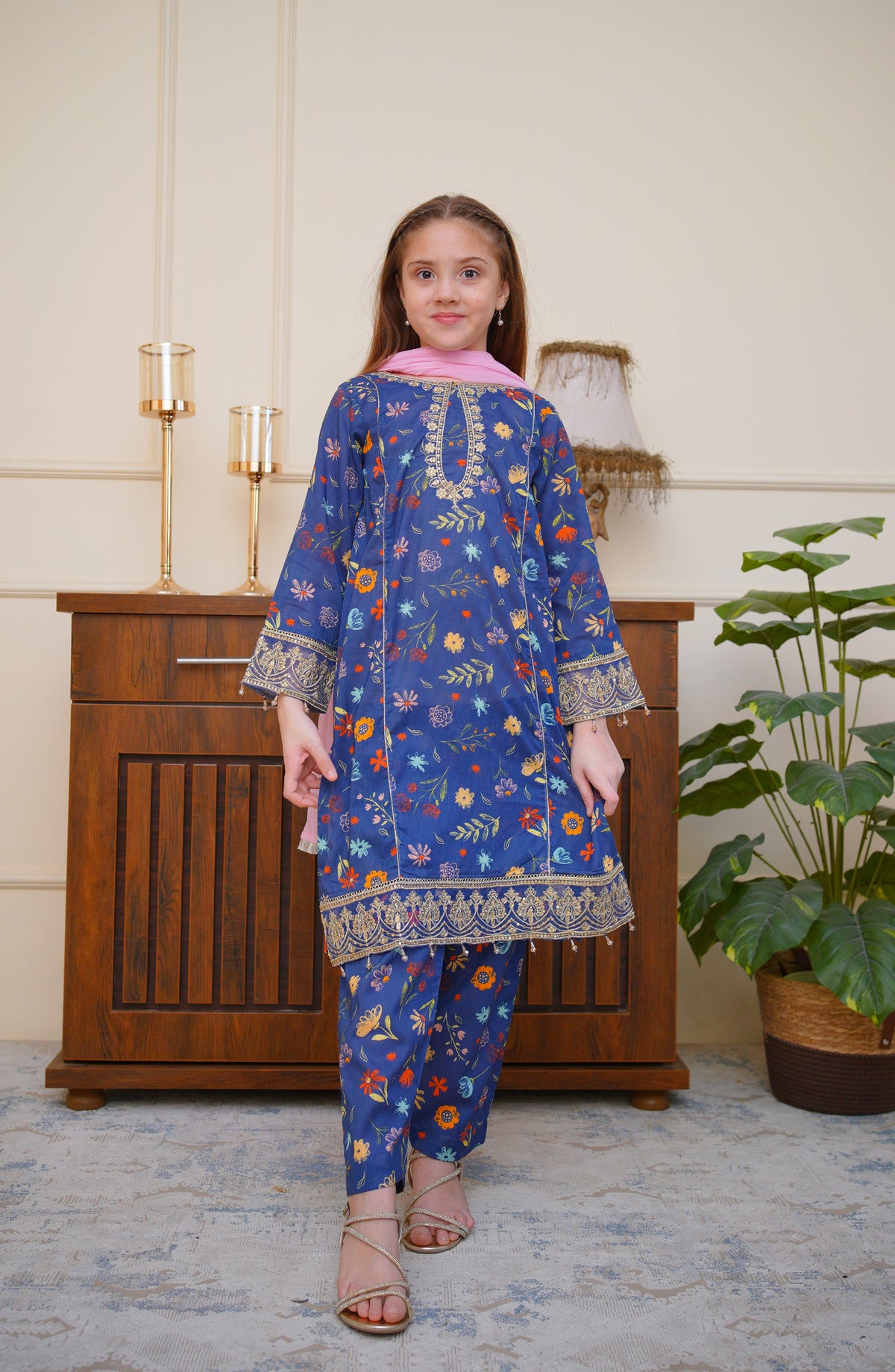 Shanzey Seher-e-Eid Embroidered Lawn Stitched 3 Piece Suit - SHK-6805 - SHZ26SHD - Ink Blue - Festive Girls Collection