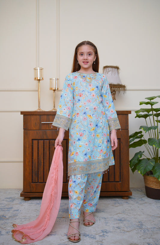 Shanzey Seher-e-Eid Embroidered Lawn Stitched 3 Piece Suit - SHK-6804 - SHZ26SHD - Sky Blue - Festive Girls Collection