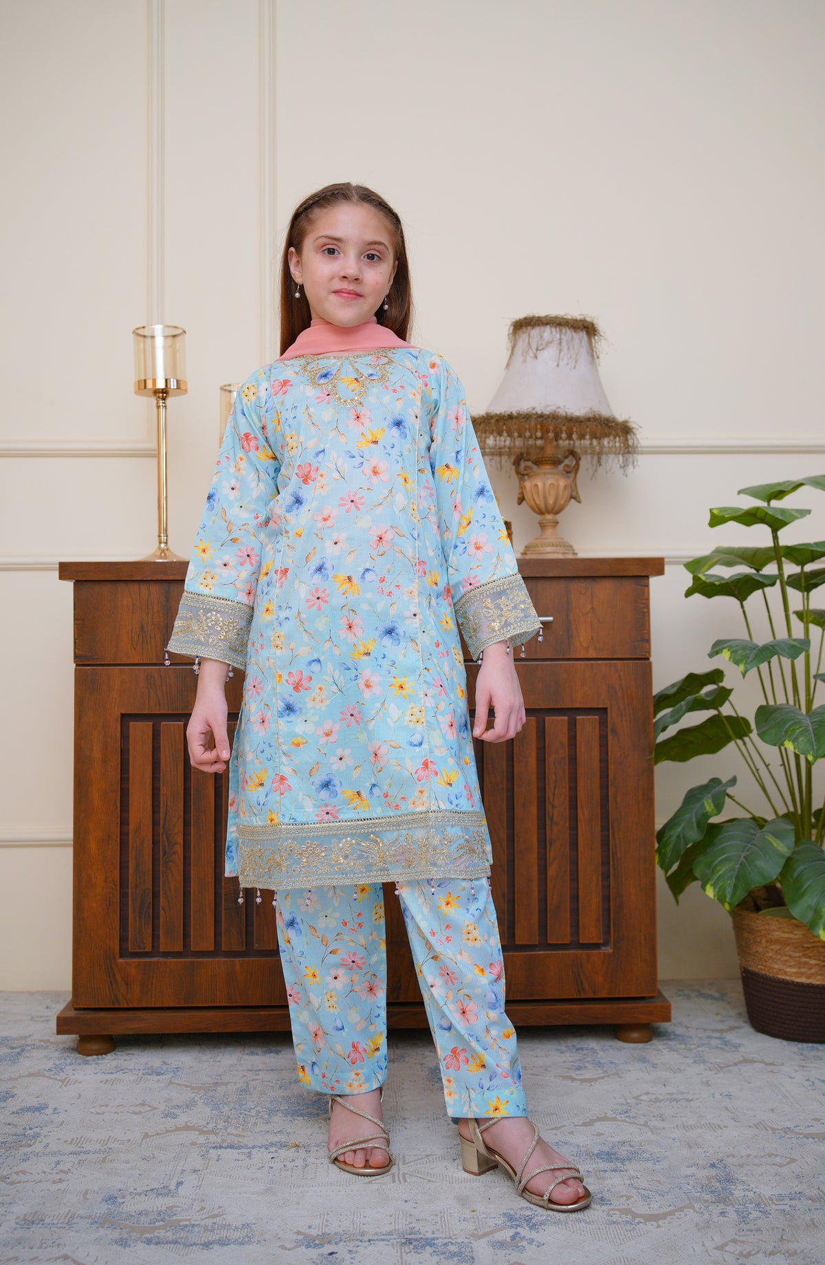 Shanzey Seher-e-Eid Embroidered Lawn Stitched 3 Piece Suit - SHK-6804 - SHZ26SHD - Sky Blue - Festive Girls Collection