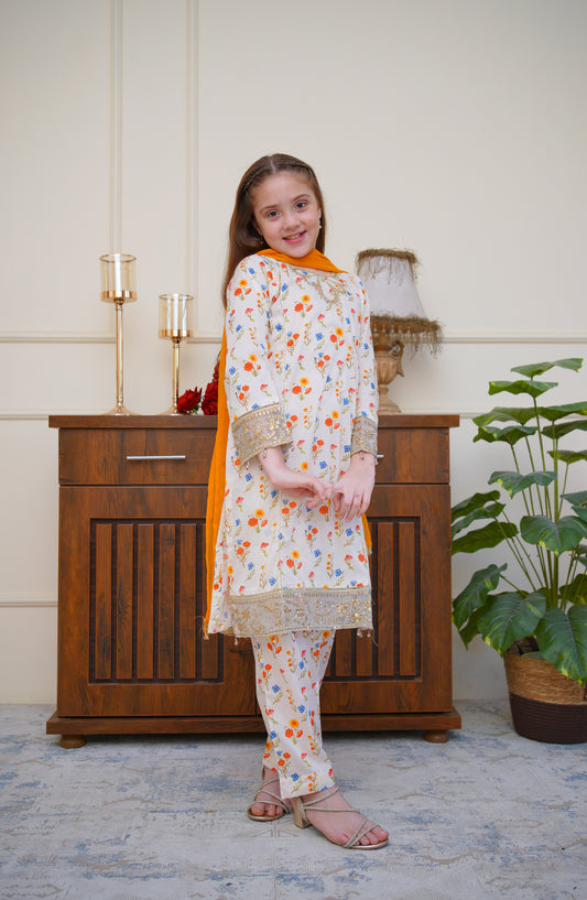 Shanzey Seher-e-Eid Embroidered Lawn Stitched 3 Piece Suit - SHK-6803 - SHZ26SHD - Cream - Festive Girls Collection