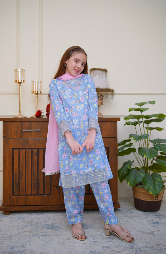 Shanzey Seher-e-Eid Embroidered Lawn Stitched 3 Piece Suit - SHK-6802 - SHZ26SHD - Pastel Blue - Festive Girls Collection
