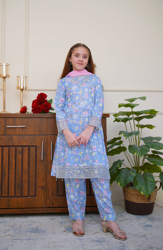 Shanzey Seher-e-Eid Embroidered Lawn Stitched 3 Piece Suit - SHK-6802 - SHZ26SHD - Pastel Blue - Festive Girls Collection