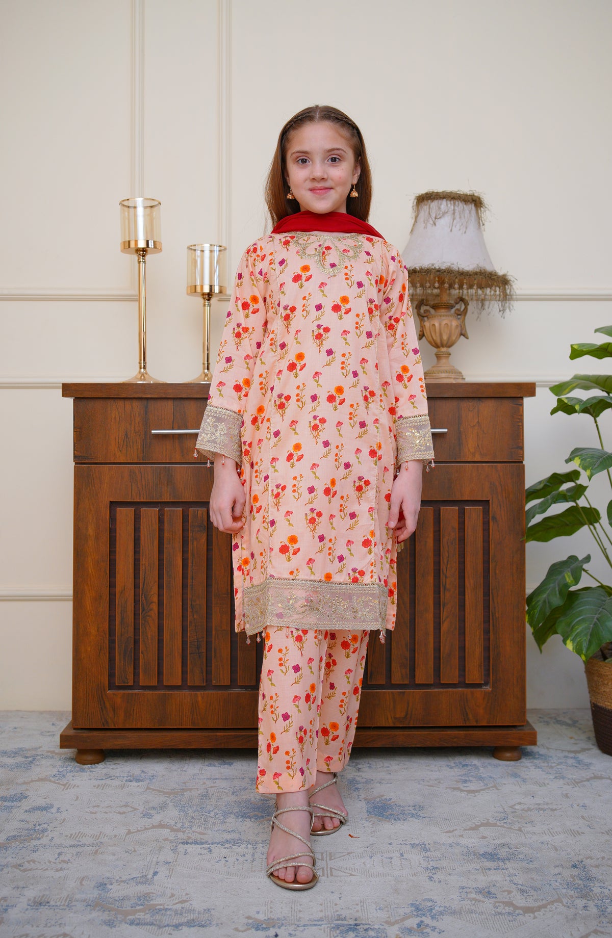 Shanzey Seher-e-Eid Embroidered Lawn Stitched 3 Piece Suit - SHK-6801 - SHZ26SHD - Peach - Festive Girls Collection