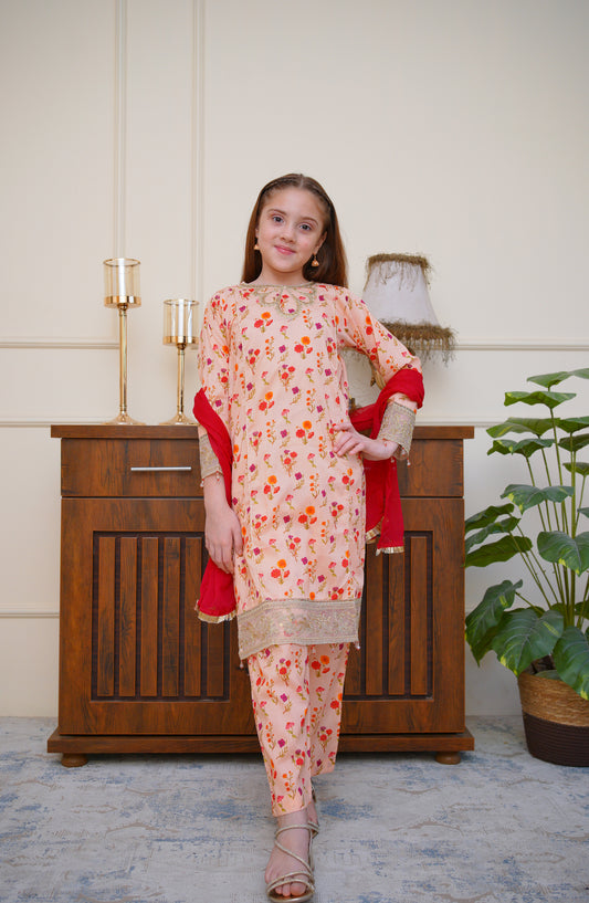 Shanzey Seher-e-Eid Embroidered Lawn Stitched 3 Piece Suit - SHK-6801 - SHZ26SHD - Peach - Festive Girls Collection