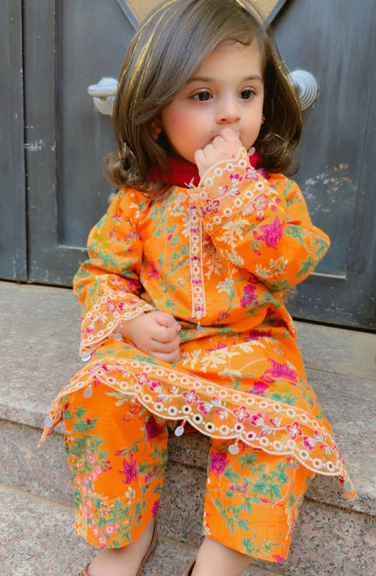 Shanzey Toddlers Embroidered Lawn Stitched 3 Piece Suit - SHK-6003 - SHZ26TD - Orange - Casual Collection