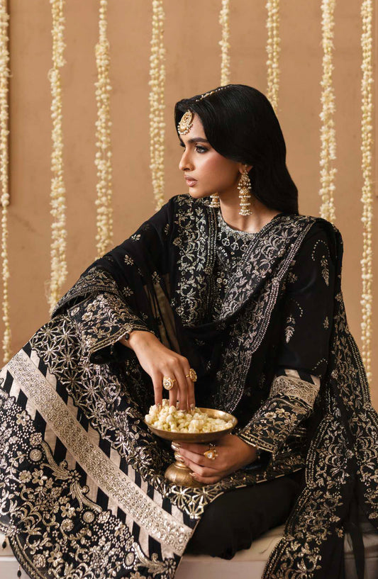 Sheherzadi by Emaan Adeel Embroidered Chiffon Unstitched 3 Piece Suit - SAHAR - ED25SHZ - Black - Formals Collection