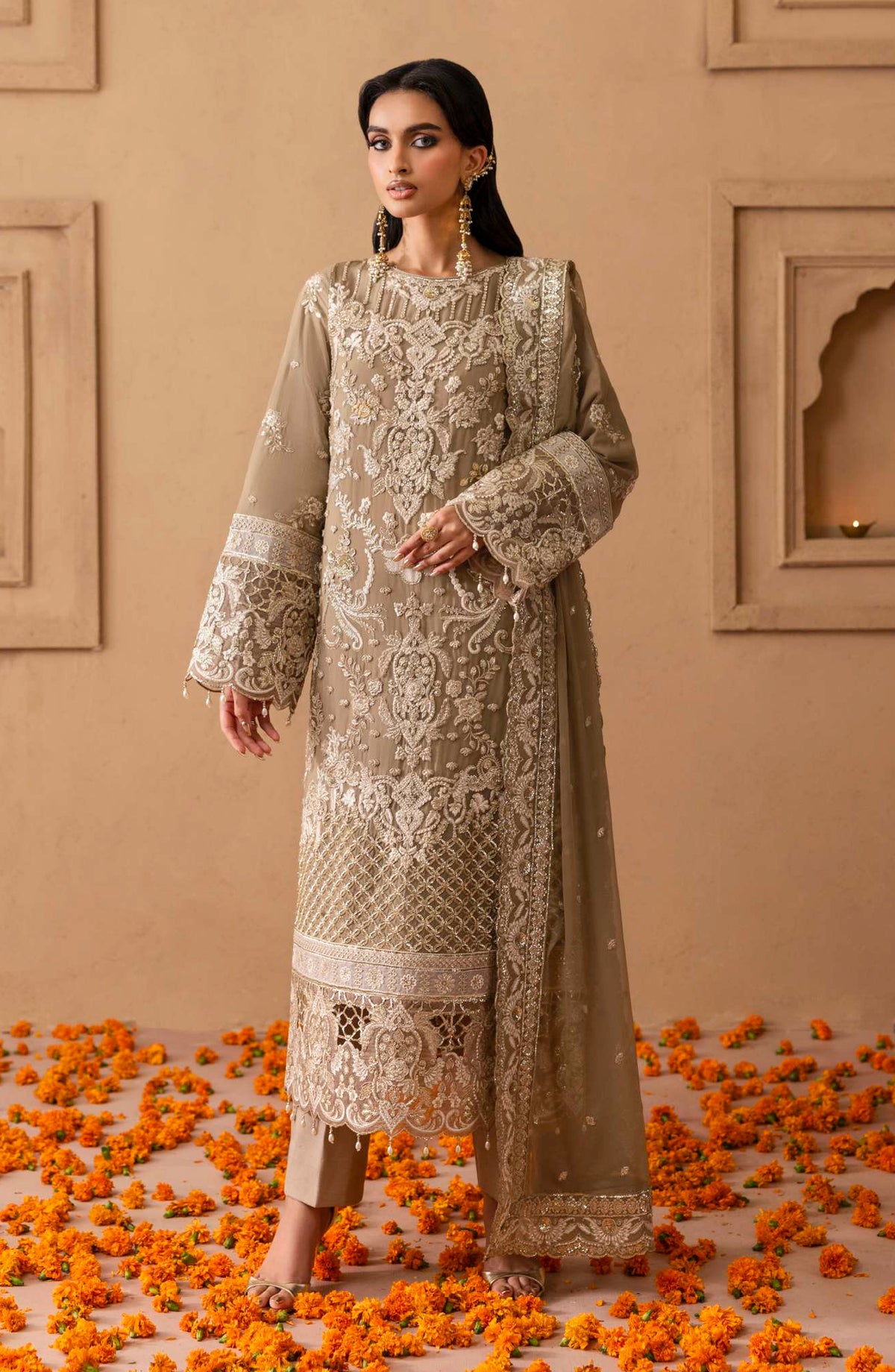 Sheherzadi by Emaan Adeel Embroidered Chiffon Unstitched 3 Piece Suit - ULFAT - ED25SHZ - Grey - Formals Collection