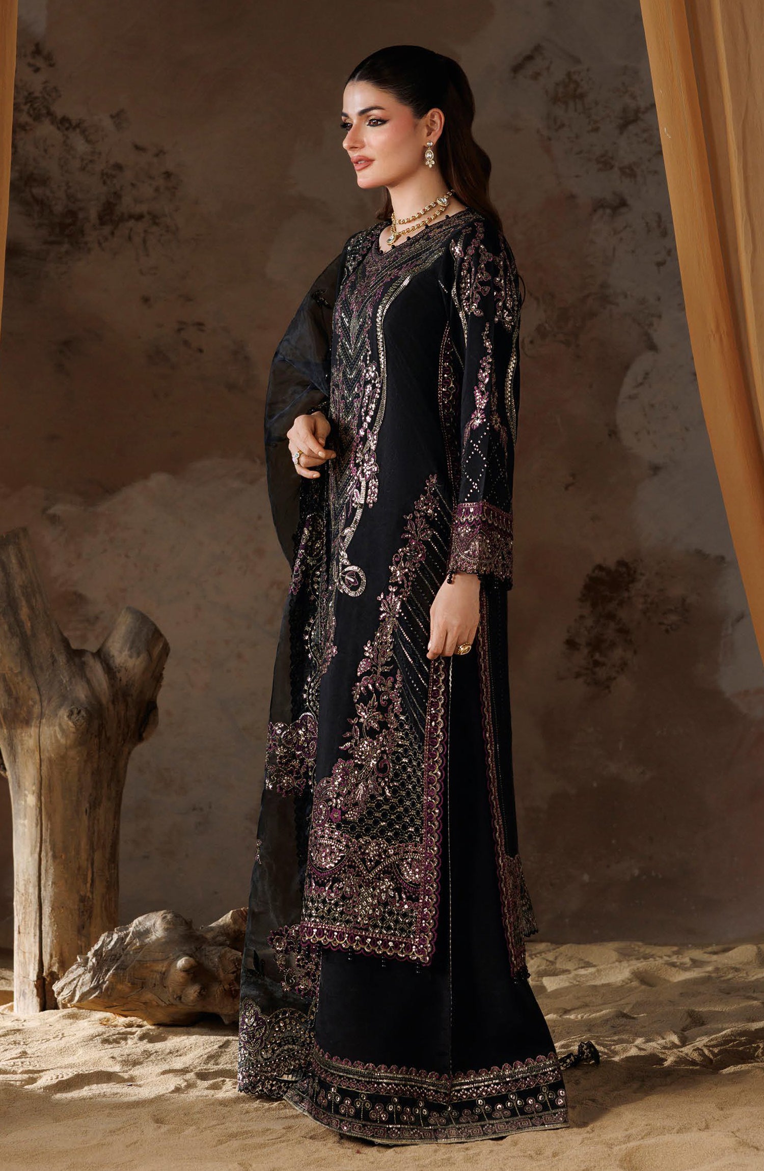 Shehnai by Ramsha Embroidered Raw Silk Unstitched 3 Piece Suit - SS-203 - RM26SHN - Black - Festive Collection