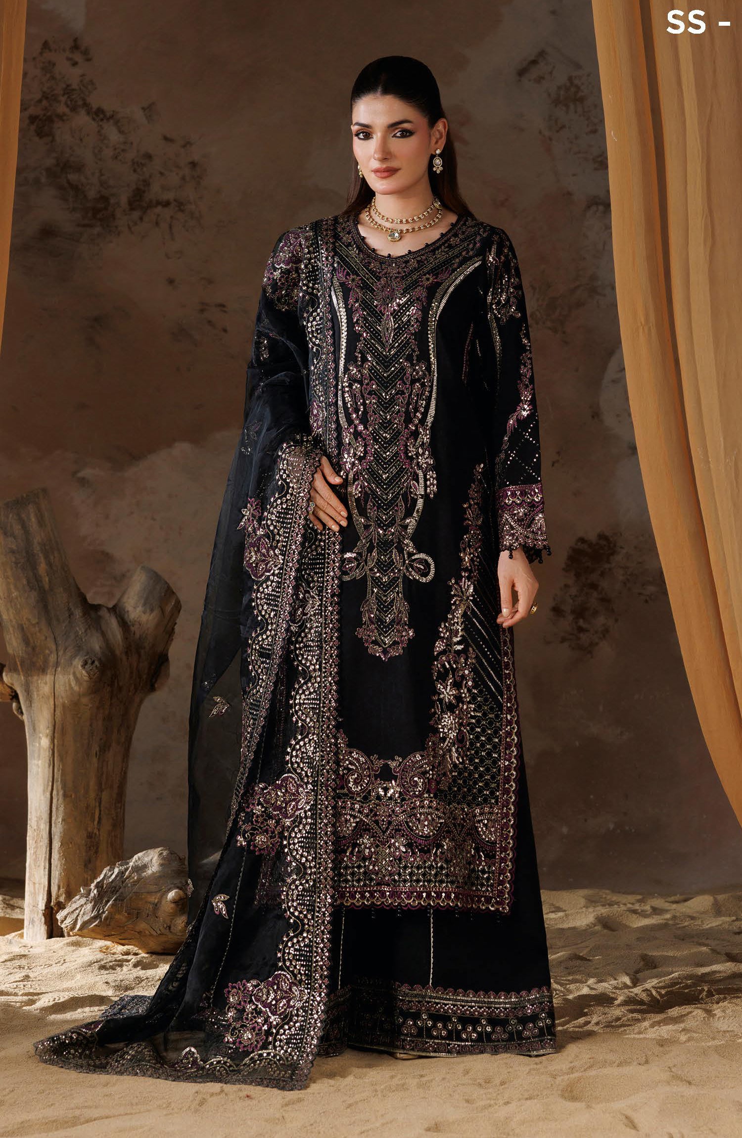 Shehnai by Ramsha Embroidered Raw Silk Unstitched 3 Piece Suit - SS-203 - RM26SHN - Black - Festive Collection