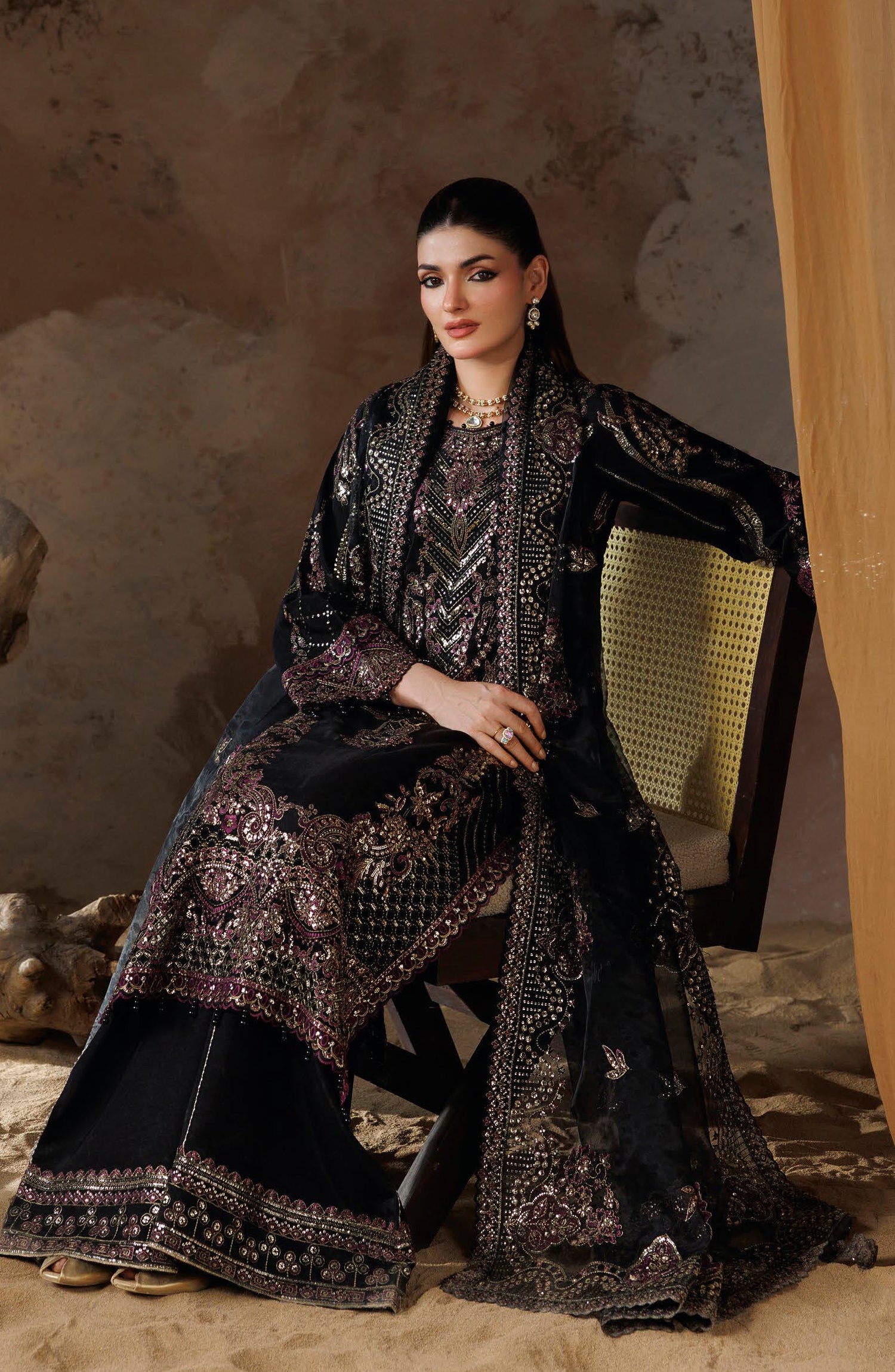 Shehnai by Ramsha Embroidered Raw Silk Unstitched 3 Piece Suit - SS-203 - RM26SHN - Black - Festive Collection