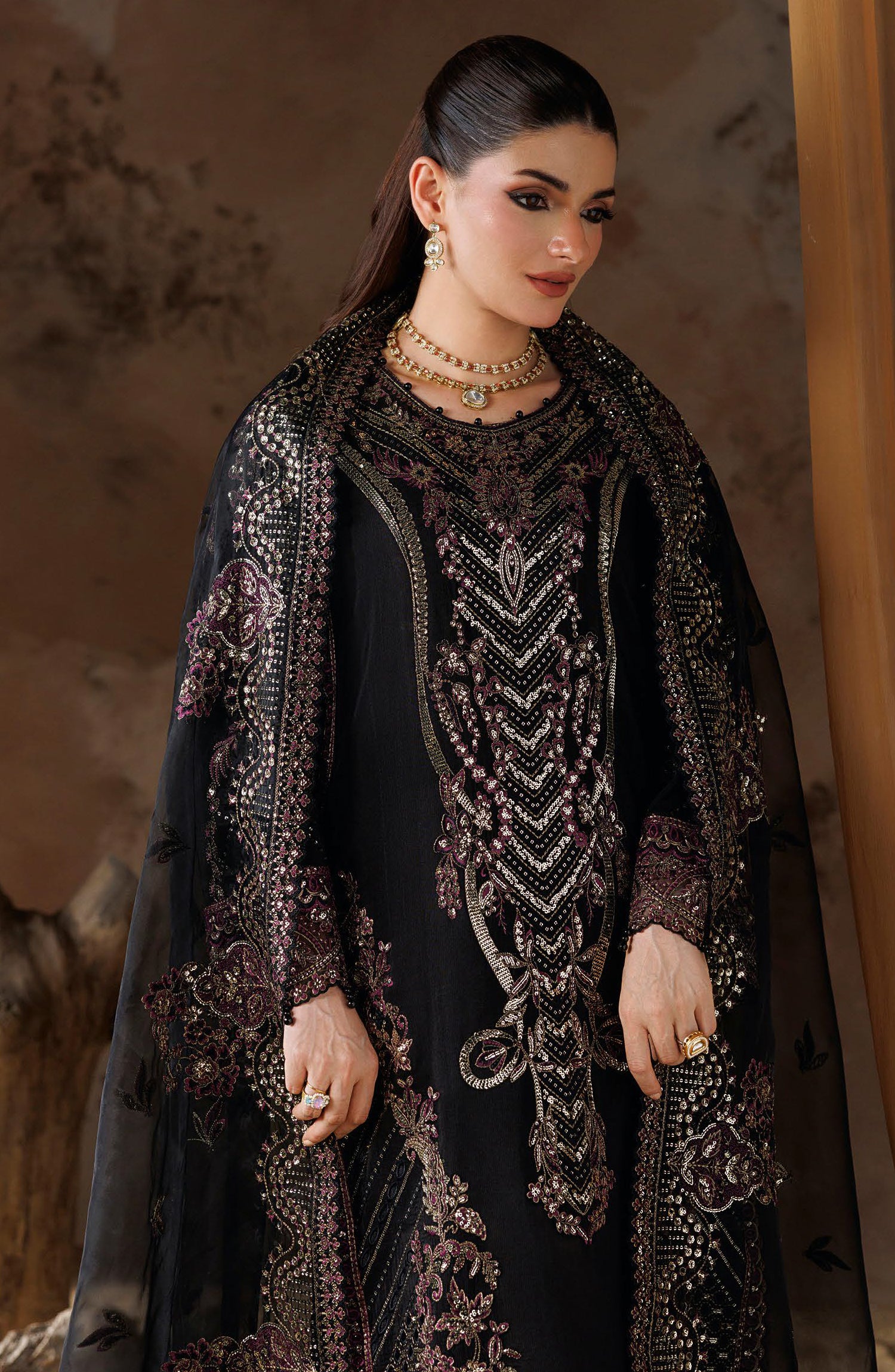 Shehnai by Ramsha Embroidered Raw Silk Unstitched 3 Piece Suit - SS-203 - RM26SHN - Black - Festive Collection
