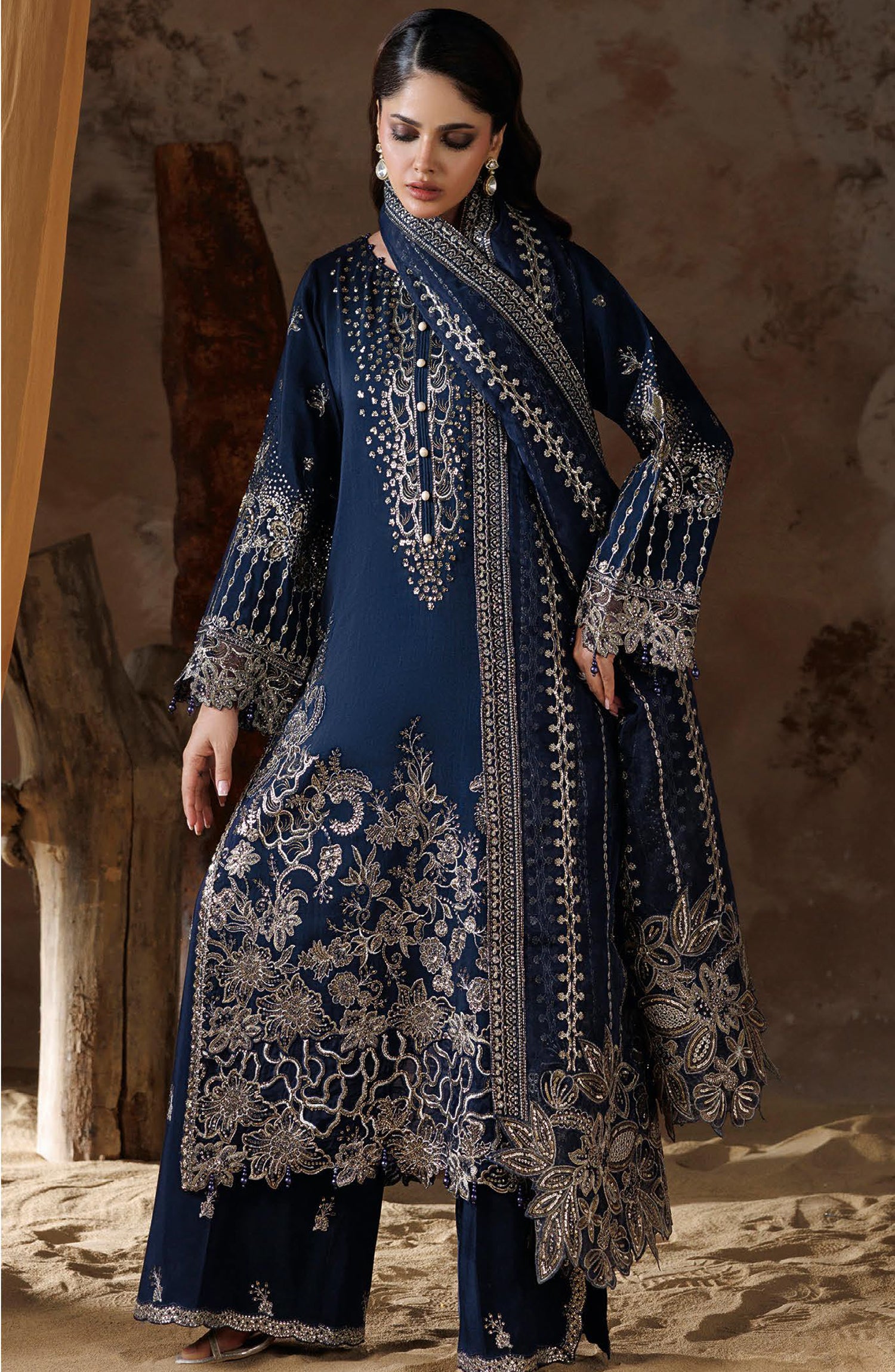 Shehnai by Ramsha Embroidered Raw Silk Unstitched 3 Piece Suit - SS-205 - RM26SHN - Blue - Festive Collection