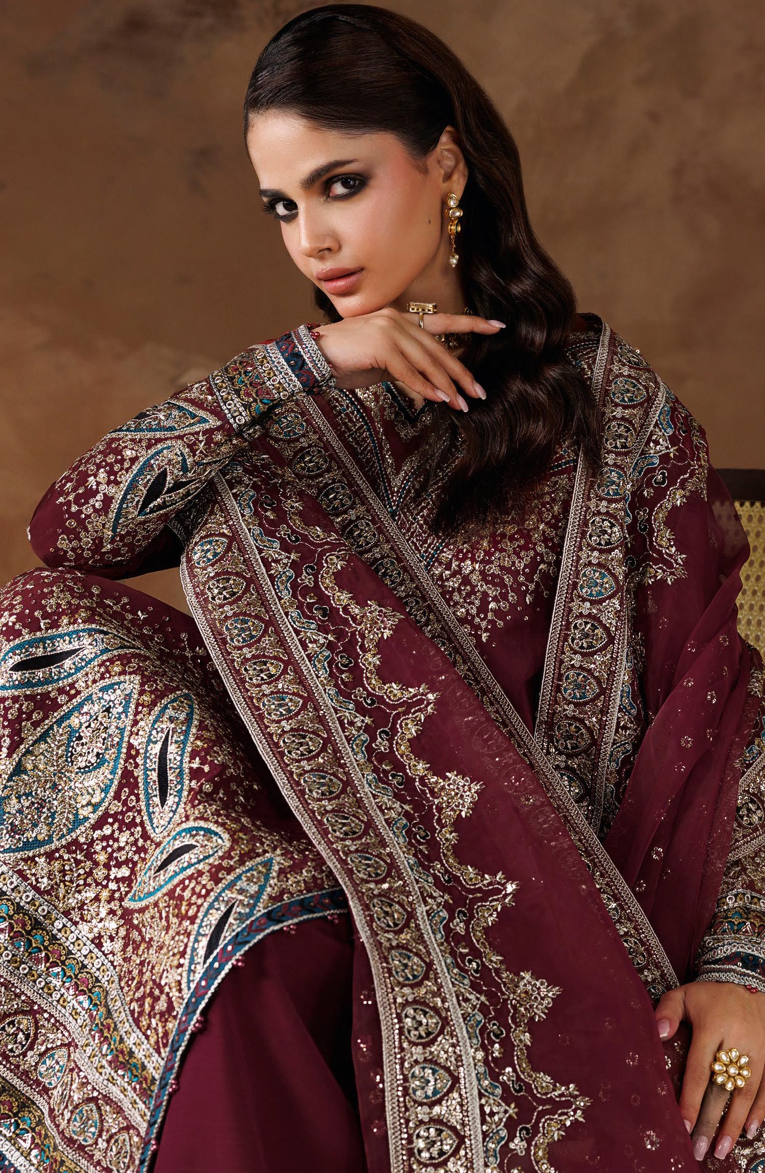 Shehnai by Ramsha Embroidered Raw Silk Unstitched 3 Piece Suit - SS-206 - RM26SHN - Maroon - Festive Collection