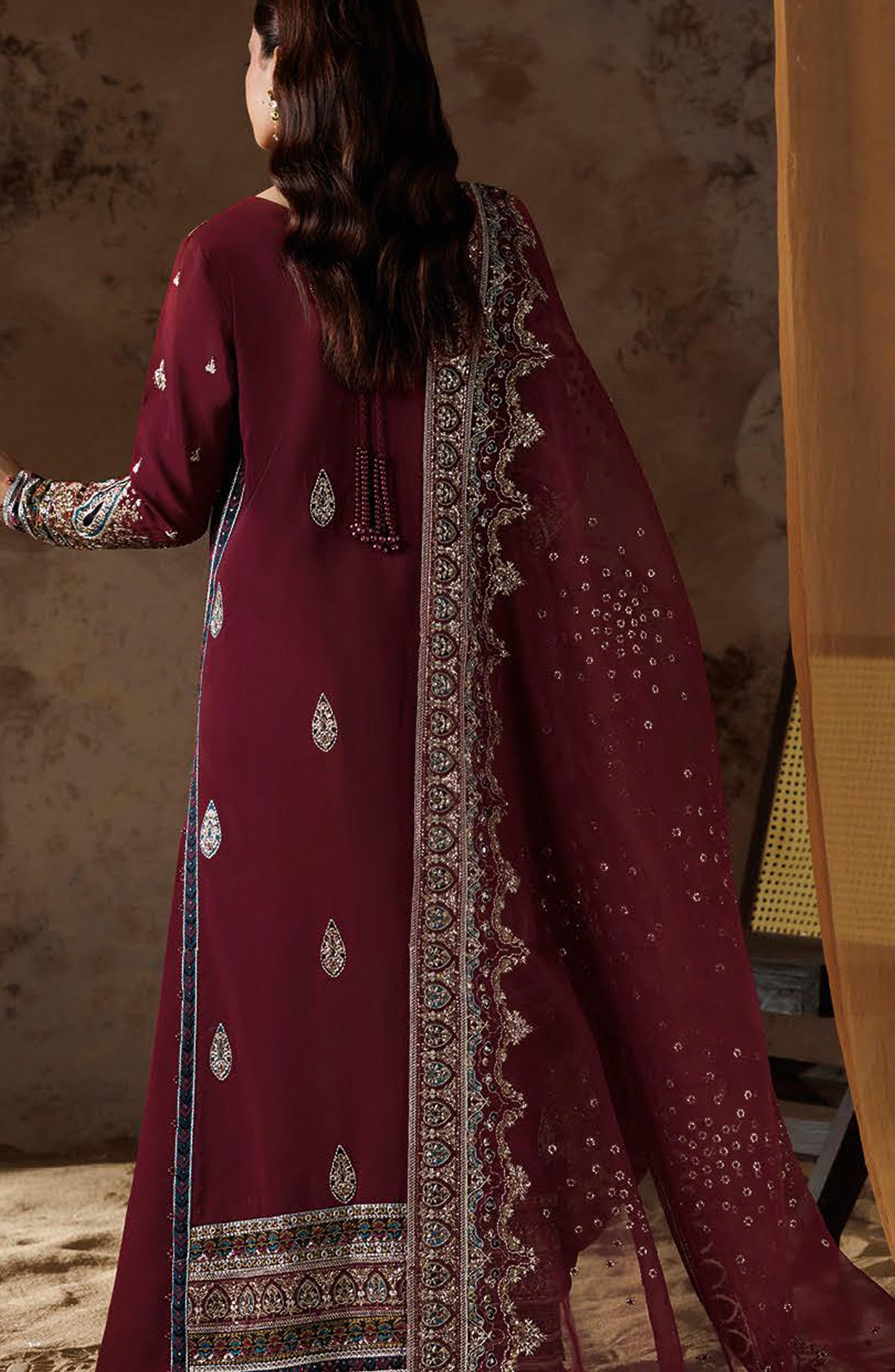 Shehnai by Ramsha Embroidered Raw Silk Unstitched 3 Piece Suit - SS-206 - RM26SHN - Maroon - Festive Collection