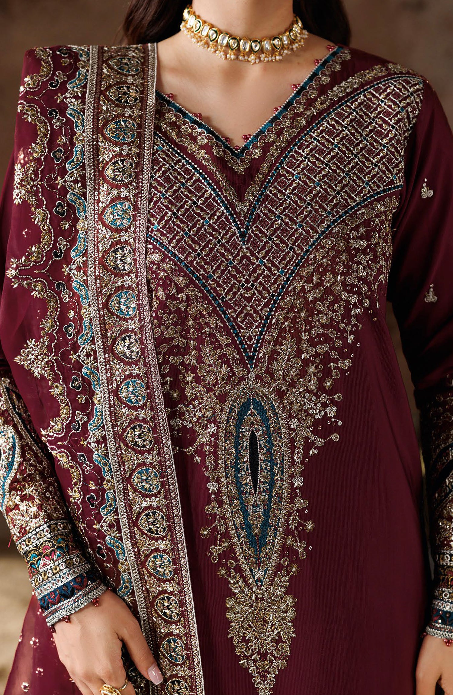 Shehnai by Ramsha Embroidered Raw Silk Unstitched 3 Piece Suit - SS-206 - RM26SHN - Maroon - Festive Collection