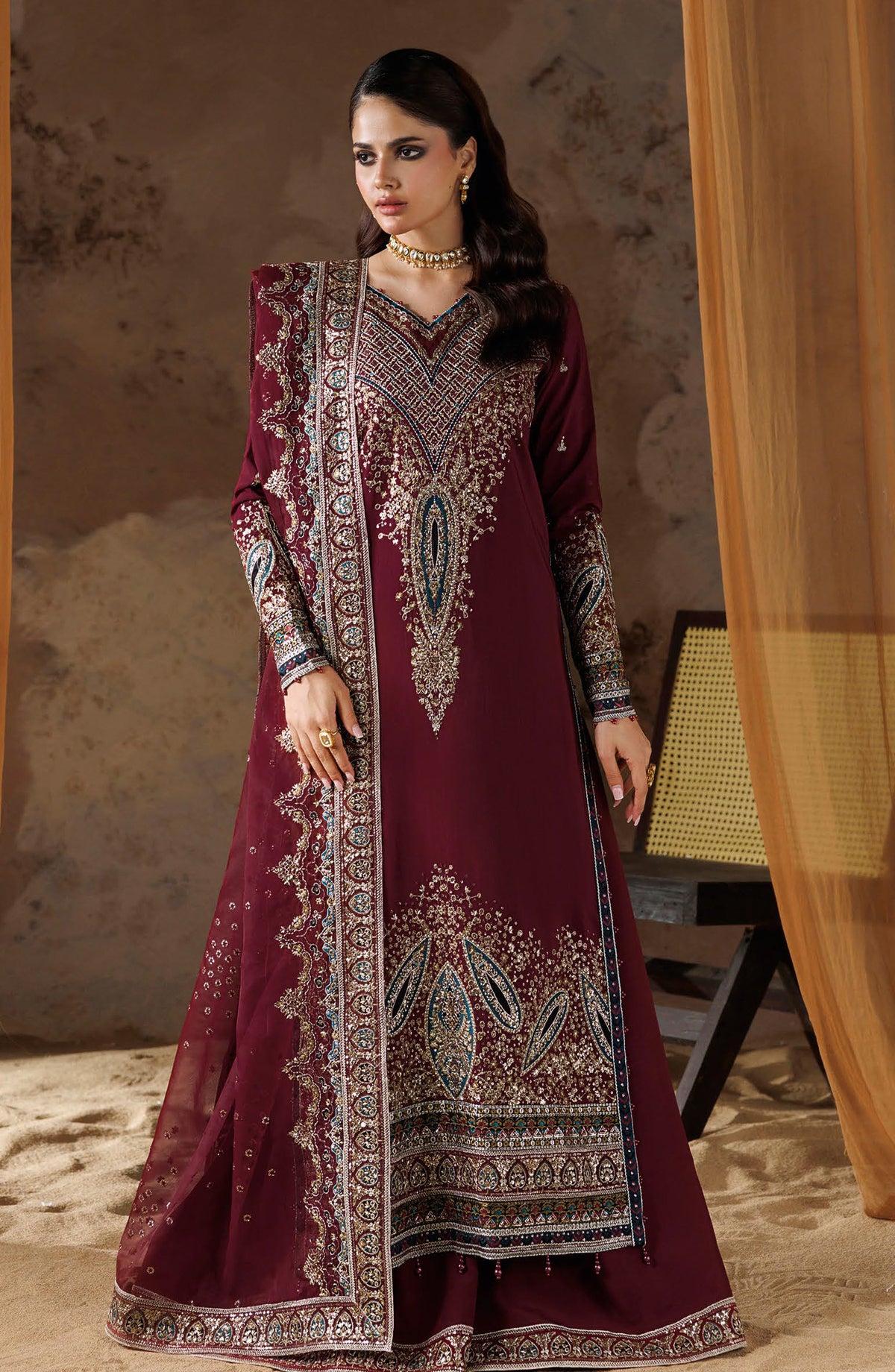 Shehnai by Ramsha Embroidered Raw Silk Unstitched 3 Piece Suit - SS-206 - RM26SHN - Maroon - Festive Collection