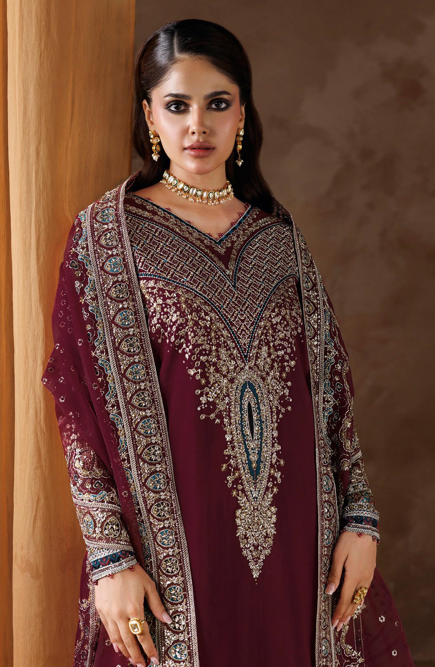 Shehnai by Ramsha Embroidered Raw Silk Unstitched 3 Piece Suit - SS-206 - RM26SHN - Maroon - Festive Collection