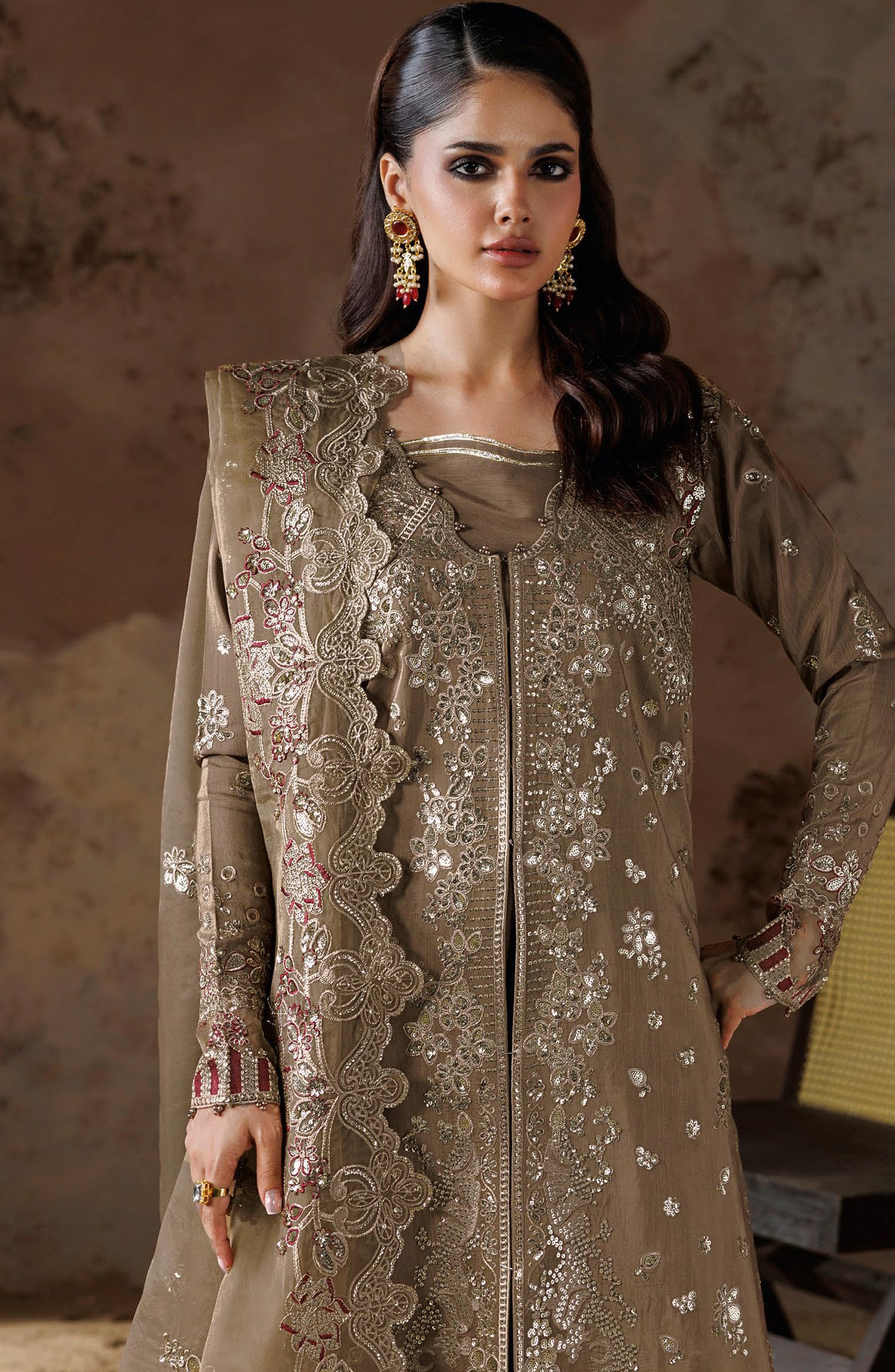 Shehnai by Ramsha Embroidered Raw Silk Unstitched 3 Piece Suit - SS-207 - RM26SHN - Brown - Festive Collection