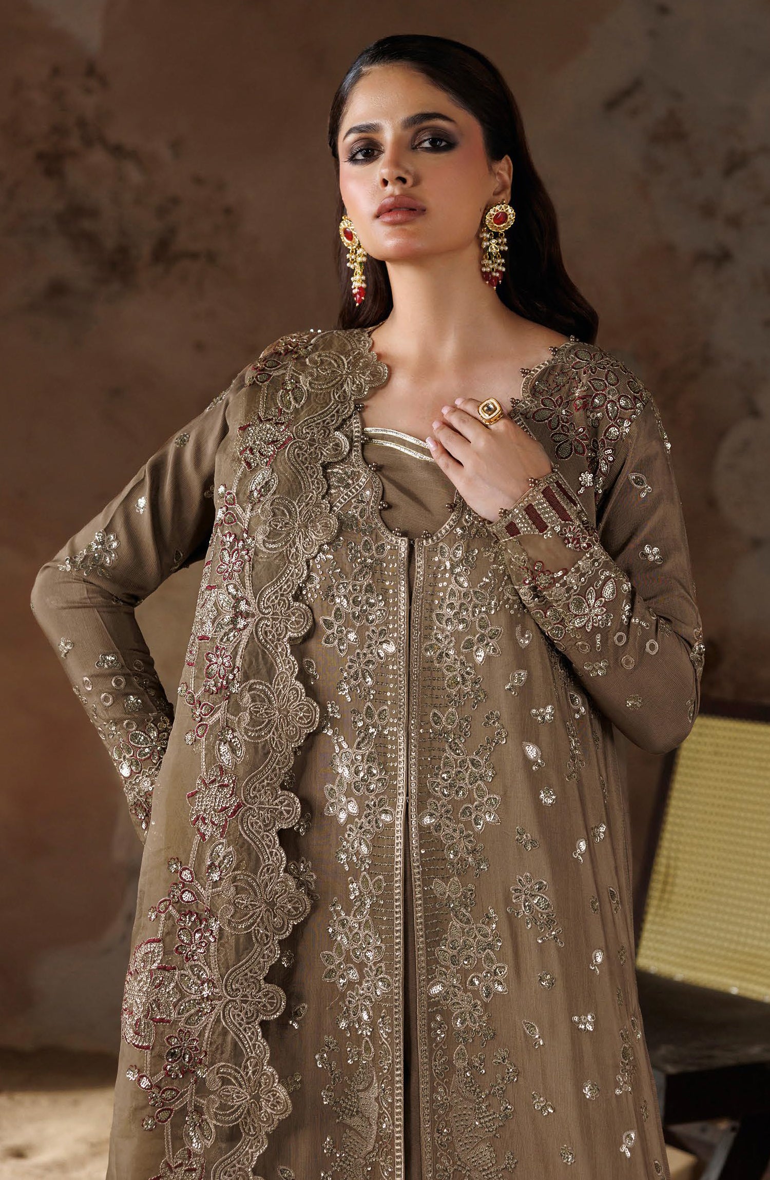 Shehnai by Ramsha Embroidered Raw Silk Unstitched 3 Piece Suit - SS-207 - RM26SHN - Brown - Festive Collection