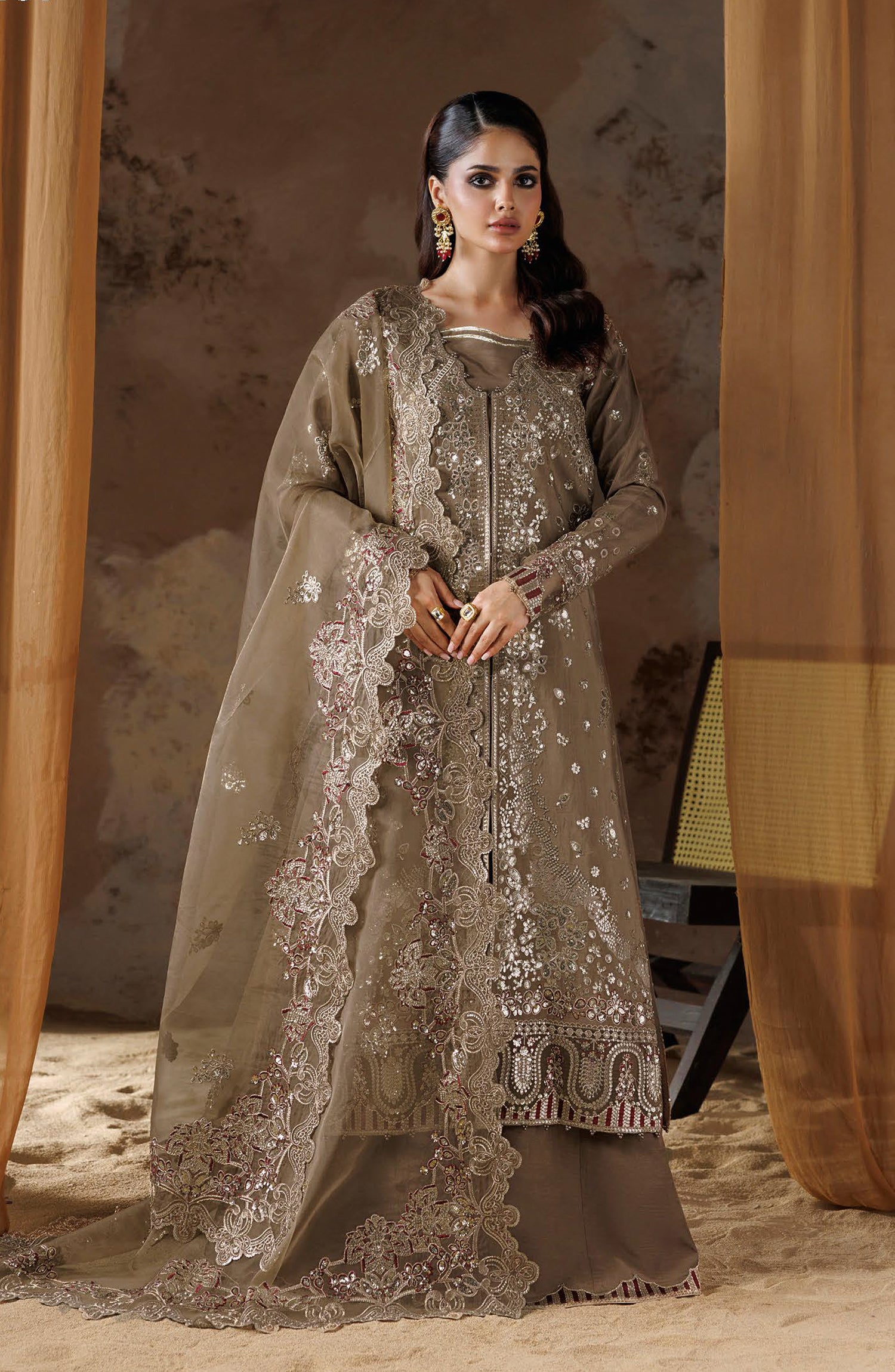 Shehnai by Ramsha Embroidered Raw Silk Unstitched 3 Piece Suit - SS-207 - RM26SHN - Brown - Festive Collection