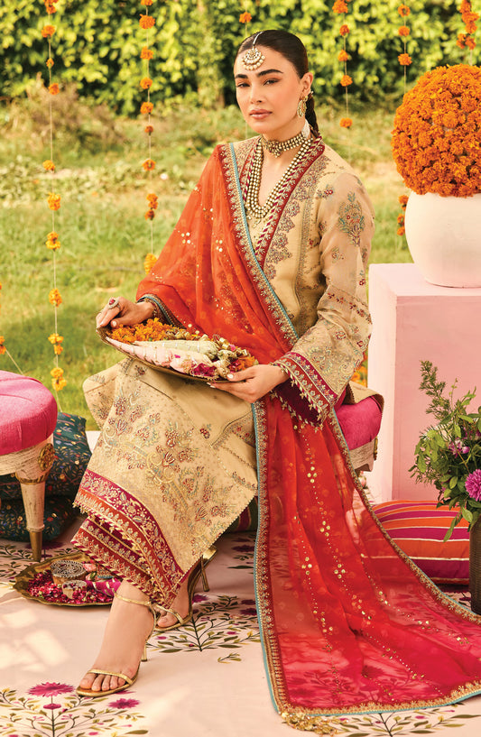 Shehnai by Alizeh Embroidered Zari Net Unstitched 3 Piece Suit - AF-ZN-2219 DILRUBA - ALZ25FES - Beige - Luxury Festive Collection
