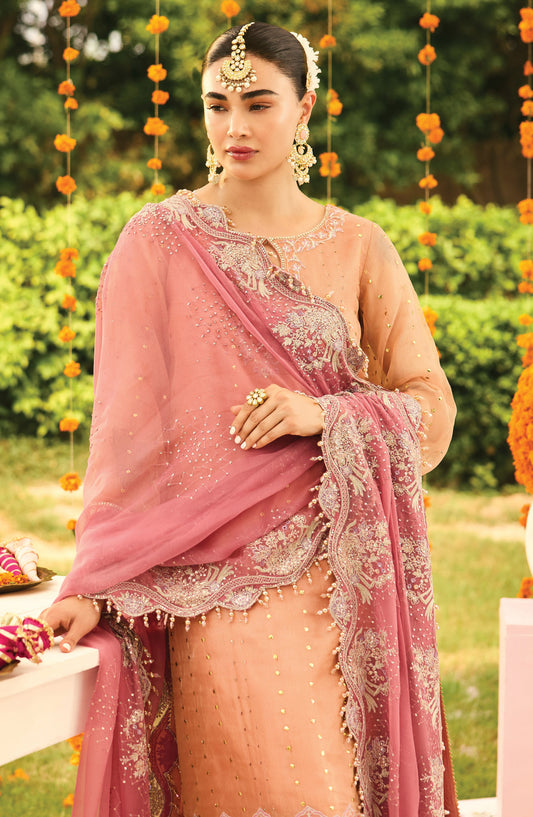 Shehnai by Alizeh Embroidered Zari Net Unstitched 3 Piece Suit - AF-ZN-2218 SITARA - ALZ25FES - Peach - Luxury Festive Collection