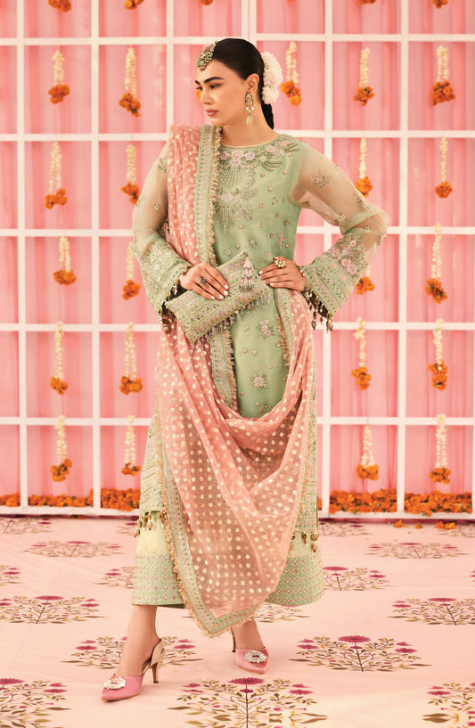 Shehnai by Alizeh Embroidered Zari Net Unstitched 3 Piece Suit - AF-ZN-2217 LIBAAN - ALZ25FES - Green - Luxury Festive Collection