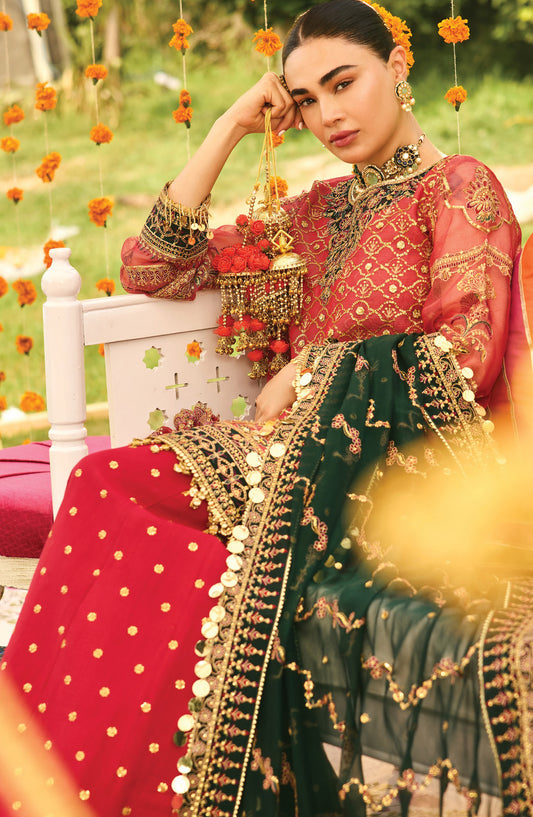 Shehnai by Alizeh Embroidered Zari Net Unstitched 3 Piece Suit - AF-ZN-2216 GHOOMAR - ALZ25FES - Pink - Luxury Festive Collection