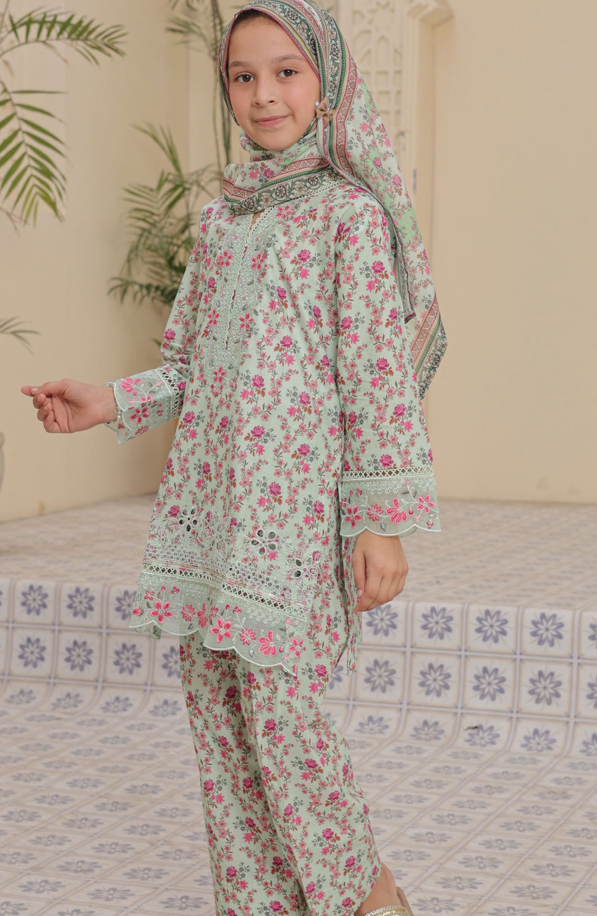Shifa by Suntex Embroidered Lawn Stitched 3 Piece Suit - SH-2566K - SF25SFE - Green - Girls Summer Collection