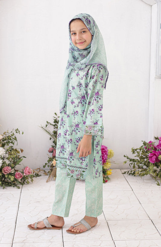 Shifa by Suntex Girls Guriya Embroidered Lawn Stitched 3 Piece Suit - SH-2622K - SF26ED - Light Green - Eid Collection