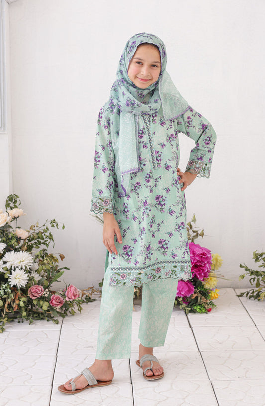 Shifa by Suntex Girls Guriya Embroidered Lawn Stitched 3 Piece Suit - SH-2622K - SF26ED - Light Green - Eid Collection