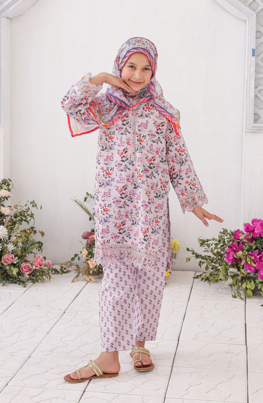 Shifa by Suntex Girls Guriya Embroidered Lawn Stitched 3 Piece Suit - SH-2623K - SF26ED - Lilac Pink - Eid Collection