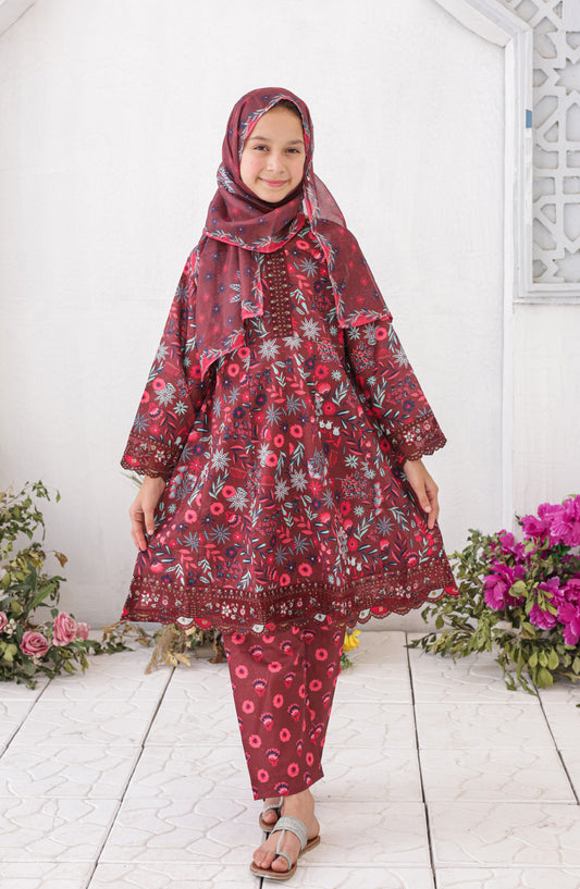 Shifa by Suntex Girls Guriya Embroidered Lawn Stitched 3 Piece Suit - SH-2624K - SF26ED - Maroon - Eid Collection